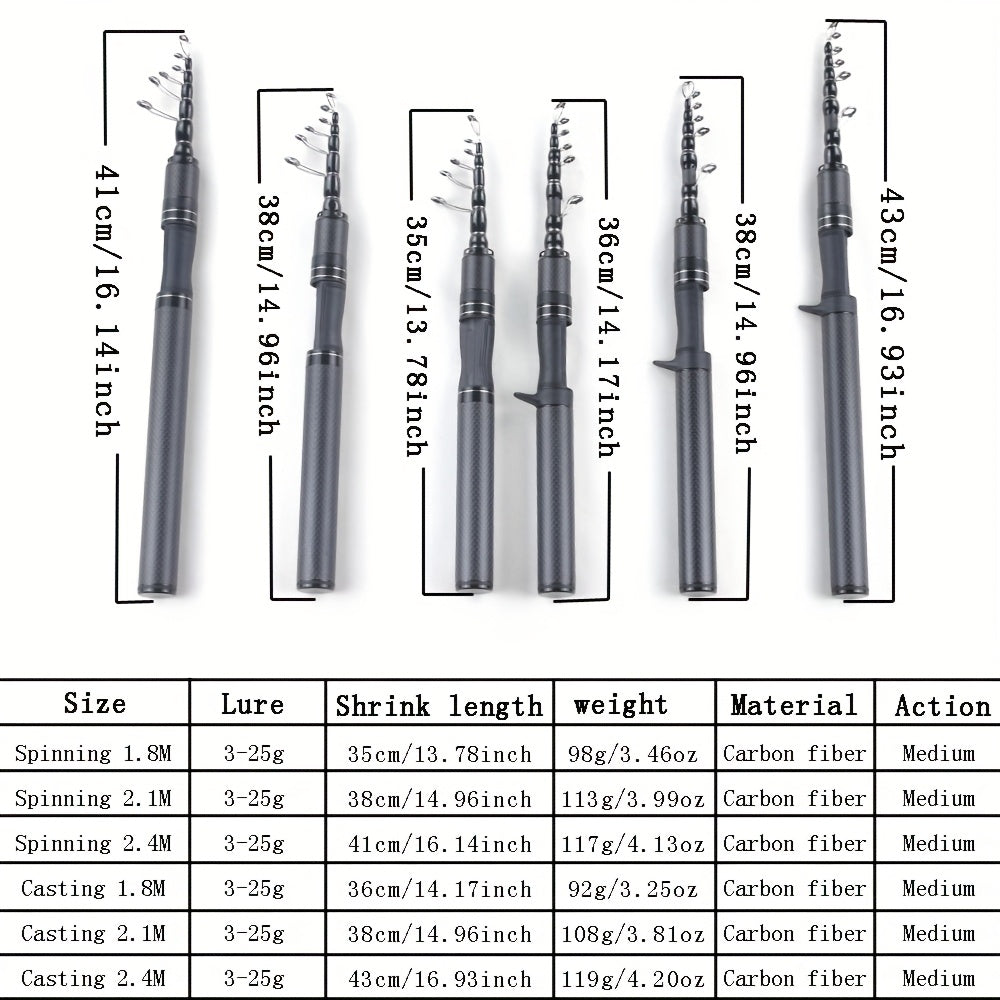 High-carbon fiber material, portable travel rod, telescopic fishing rod, medium power fast action, spinning/casting, 5.91ft/6.89ft/7.87ft suitable for saltwater and freshwater fishing, bait weight 5-25g